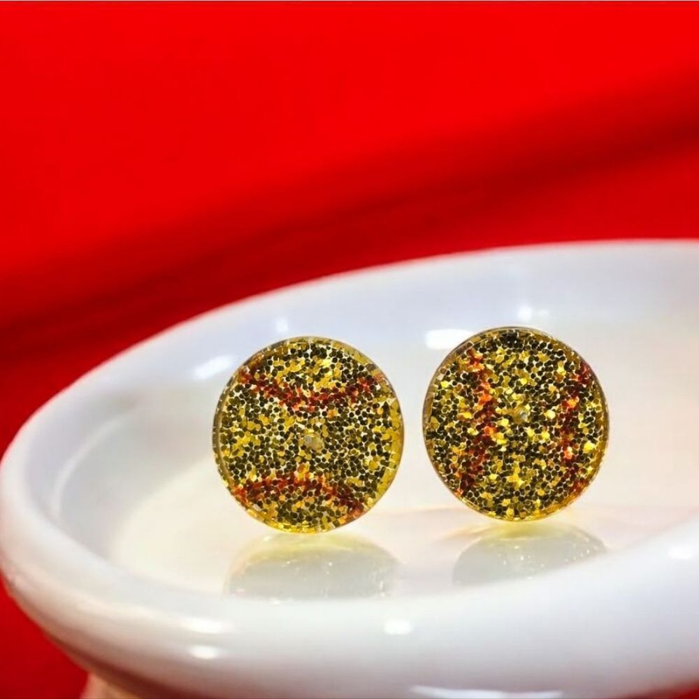 Softball Earrings Gold Glitter Acrylic Pierced Post Sports Mom Fan Jewelry New